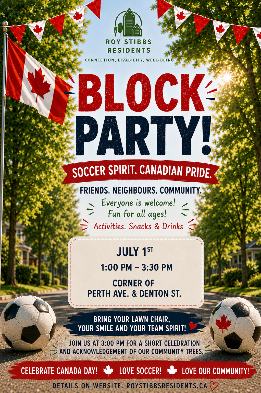 Block Party poster — July 1st, 1:00–3:30 PM at the corner of Perth Ave. & Denton St.